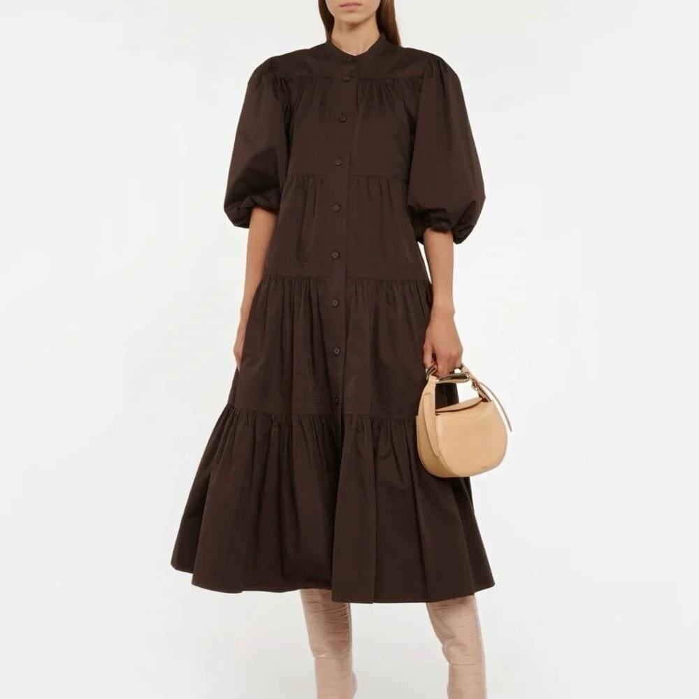 Tory Burch Brown 100% Cotton Poplin Tiered Puff Sleeve Shirt Dress Size 10